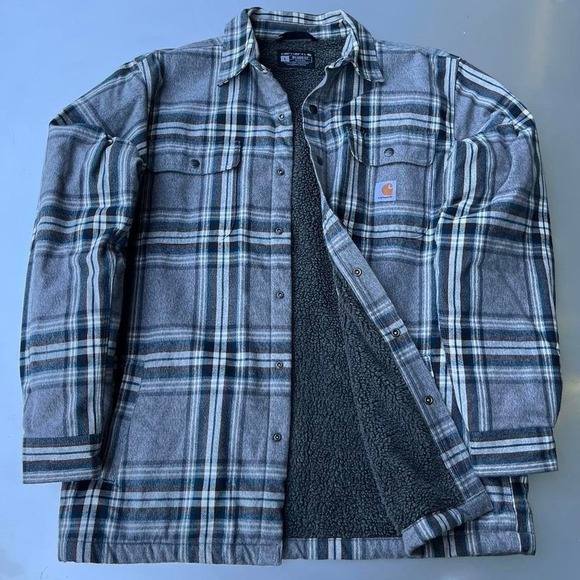 Carhartt grey and black flannel sherpa lined  snap button up collard jacket - Picture 1 of 7